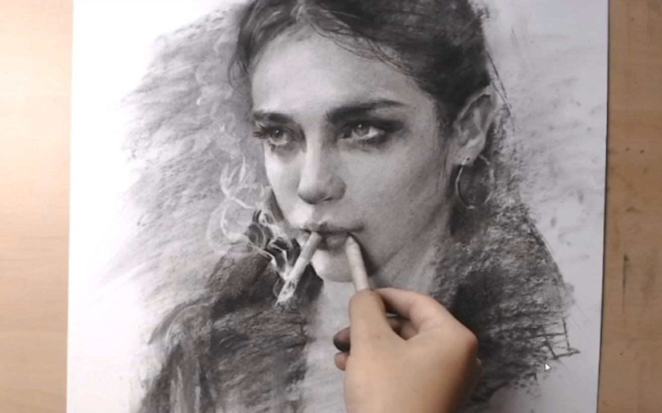 子小伟素描人像课程_叼烟头的女青年深入塑造示范讲解