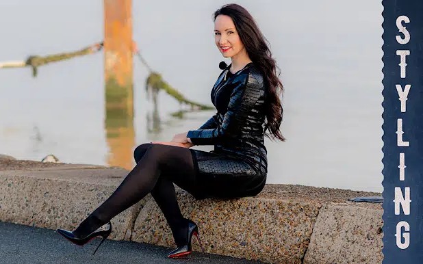 vanessapur性感穿搭黑色连裤袜亮黑绑带裙和黑色vinyl高跟鞋talklook