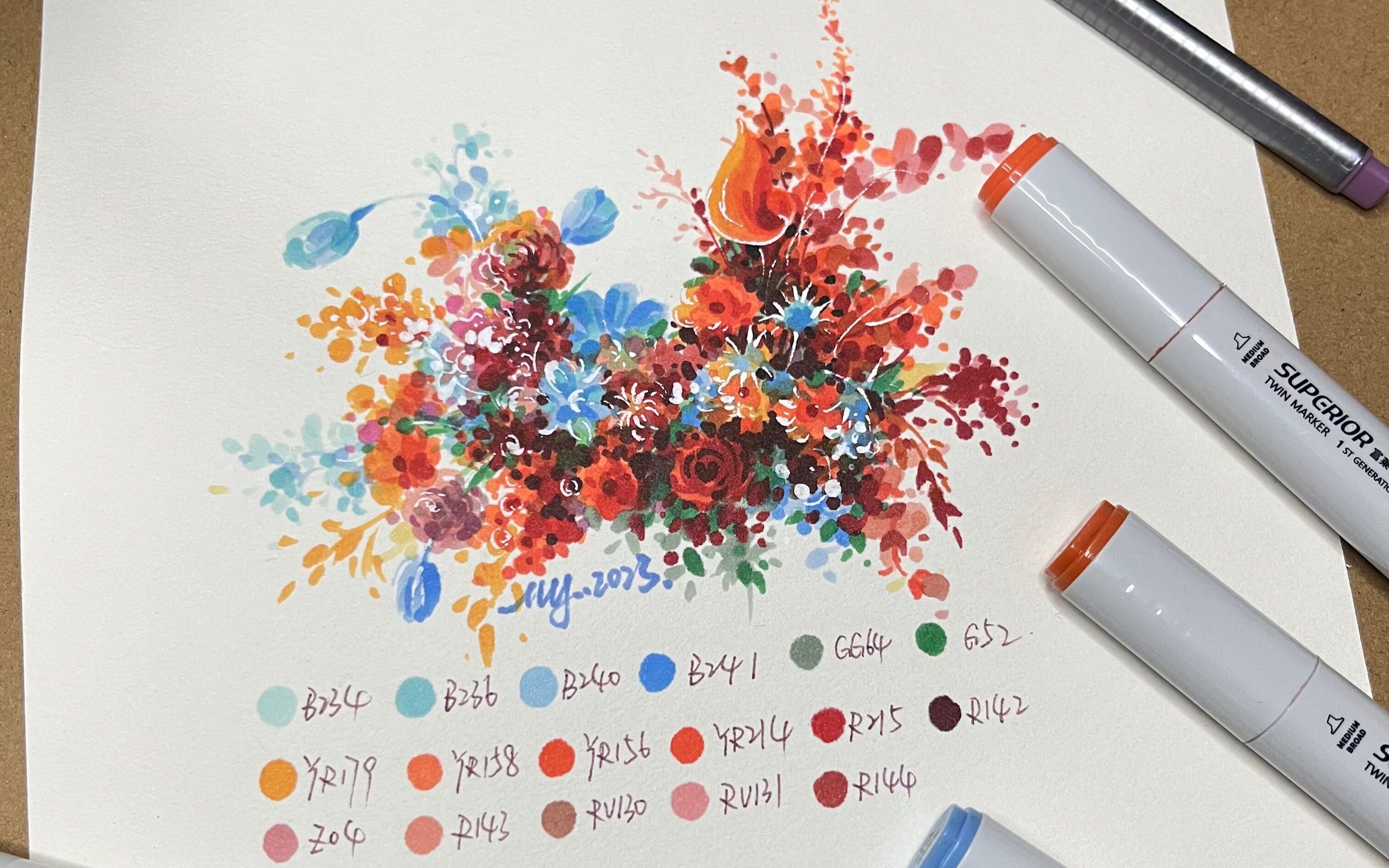 【马克笔】 花卉练习-红蓝配色