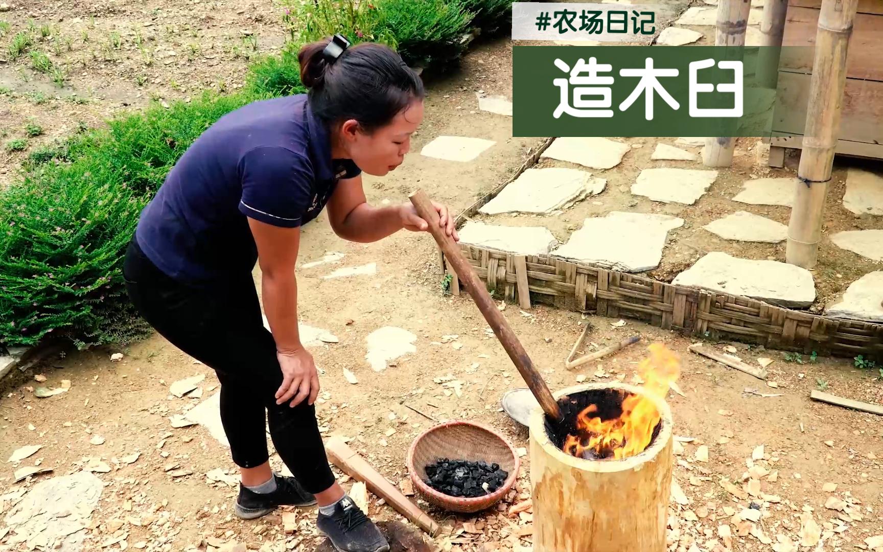 女子深山建农场/欲做美味糍粑食/木臼木锤少不了/凿取木桩把臼做哔哩哔哩bilibili