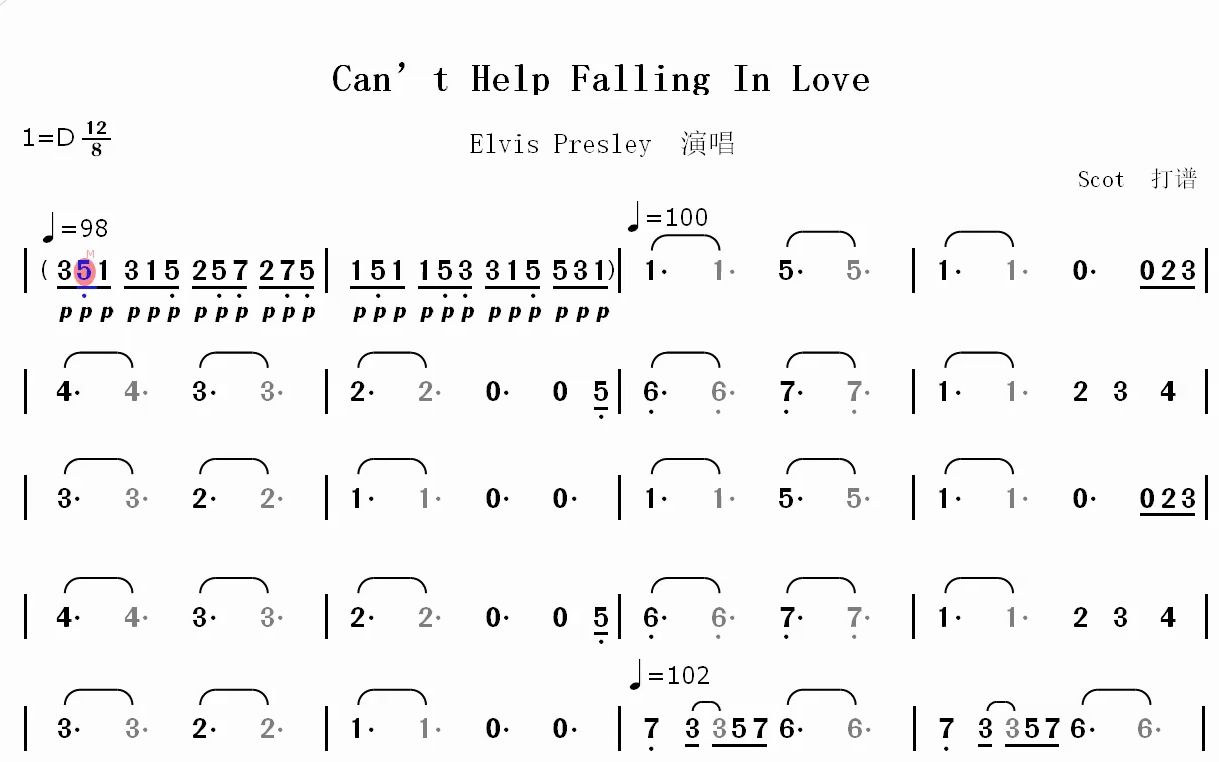 [图]【欧美金曲】Can't Help Falling In Love_Elvis Presley演唱--动态简谱