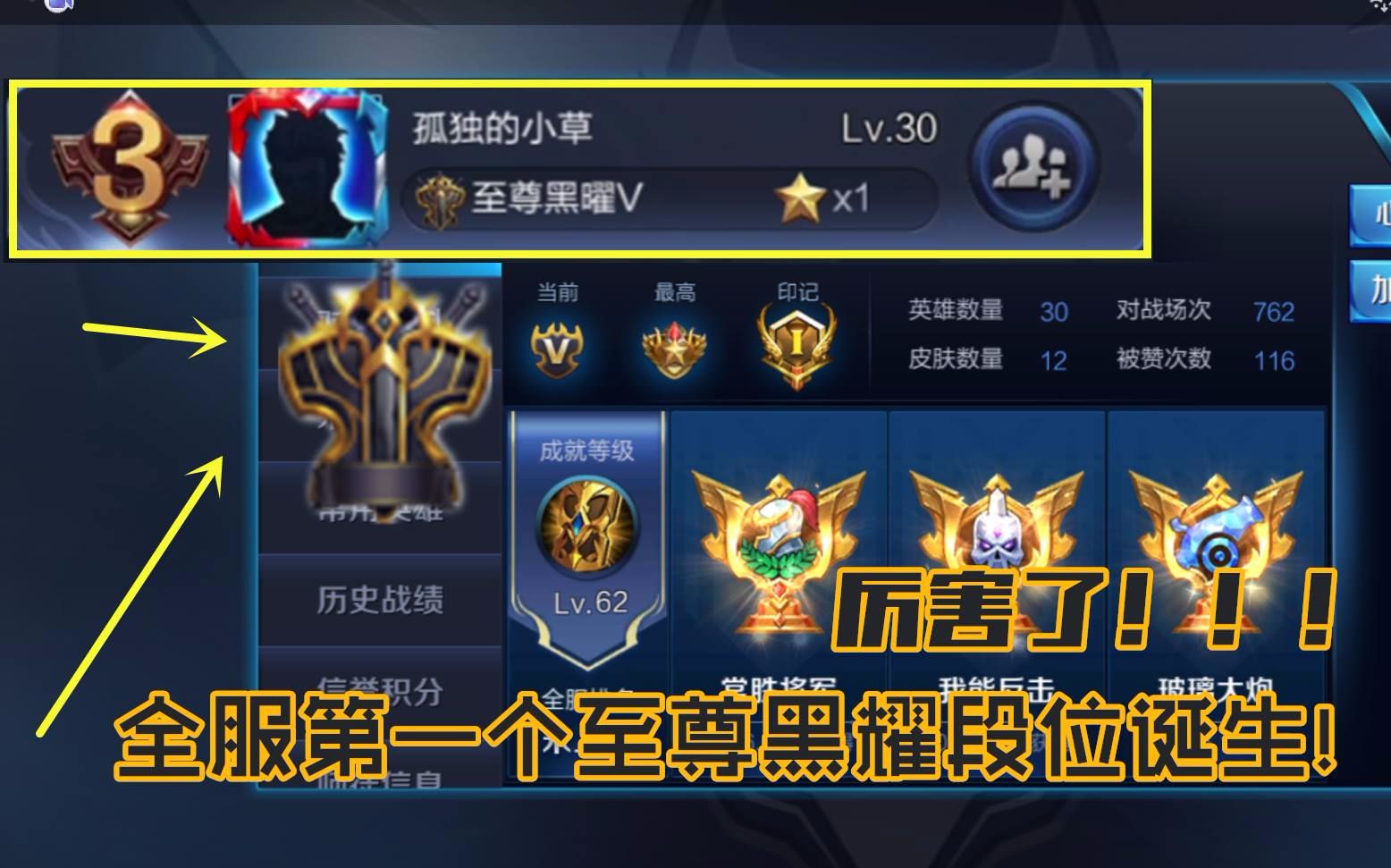 王者荣耀:全服第一个"至尊黑曜"段位诞生!厉害坏了