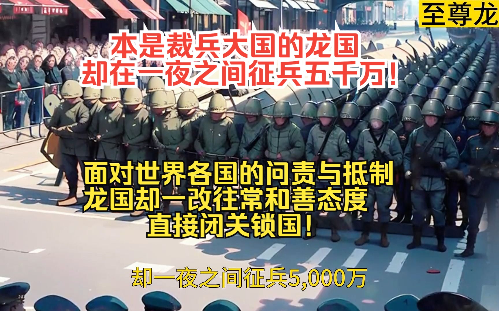 [图]【至尊龙国】本是裁兵大国的龙国，却在一夜之间征兵五千万，面多世界各国的问责与抵制，可龙国却一改往常和善态度，不做解释直接闭关锁国！