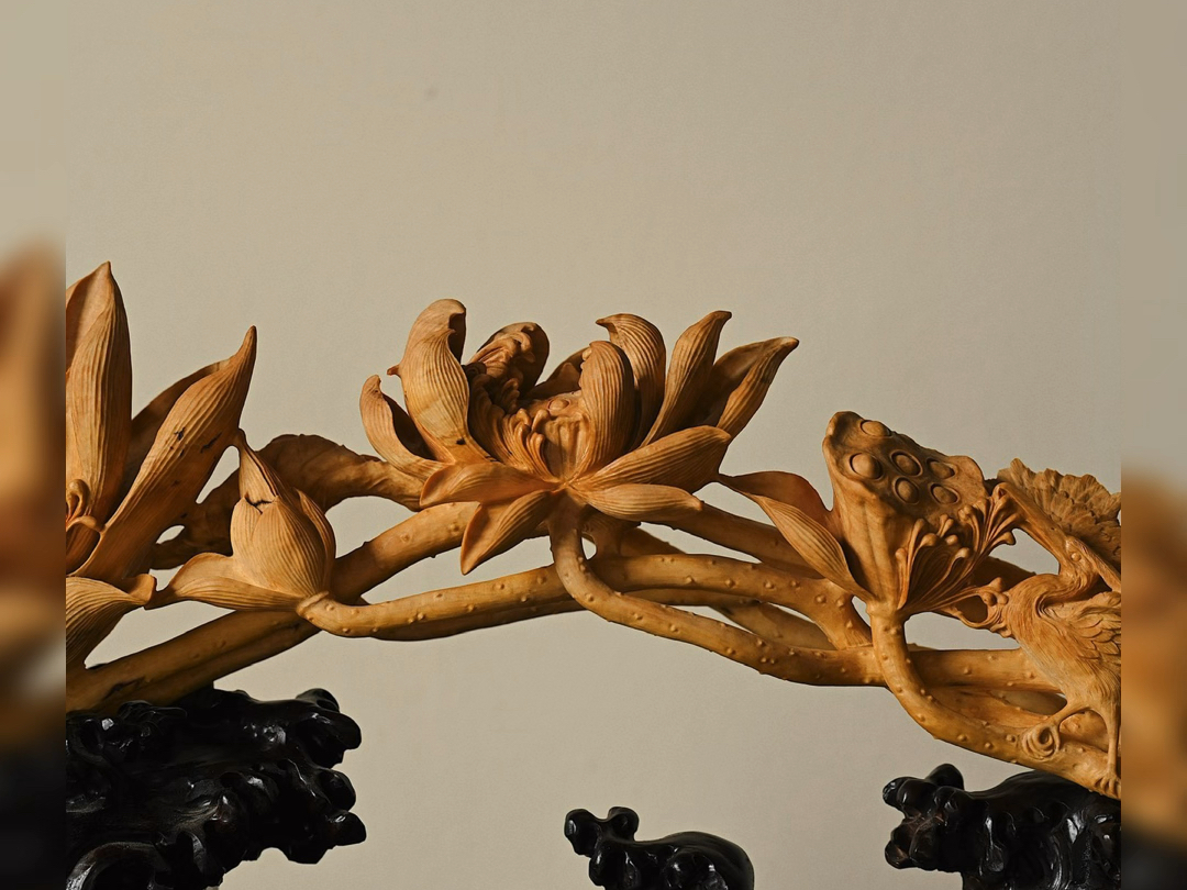 黄杨木"一鹭莲科"如意摆件