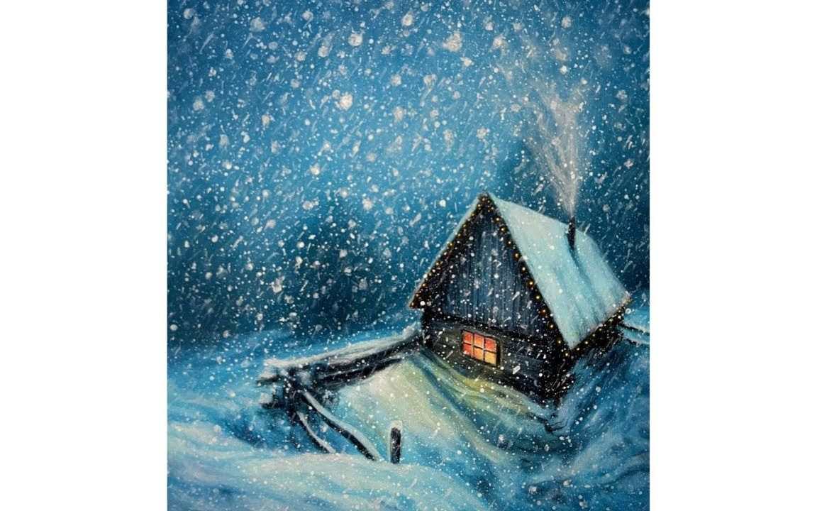 【丙烯画】【绘画教程】雪中的小木屋-snowy cabin landscape acrylic