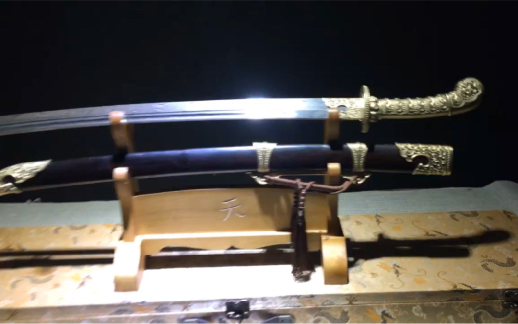 大马士革扭转纹黑檀木铜装铜柄清刀雁翎刀