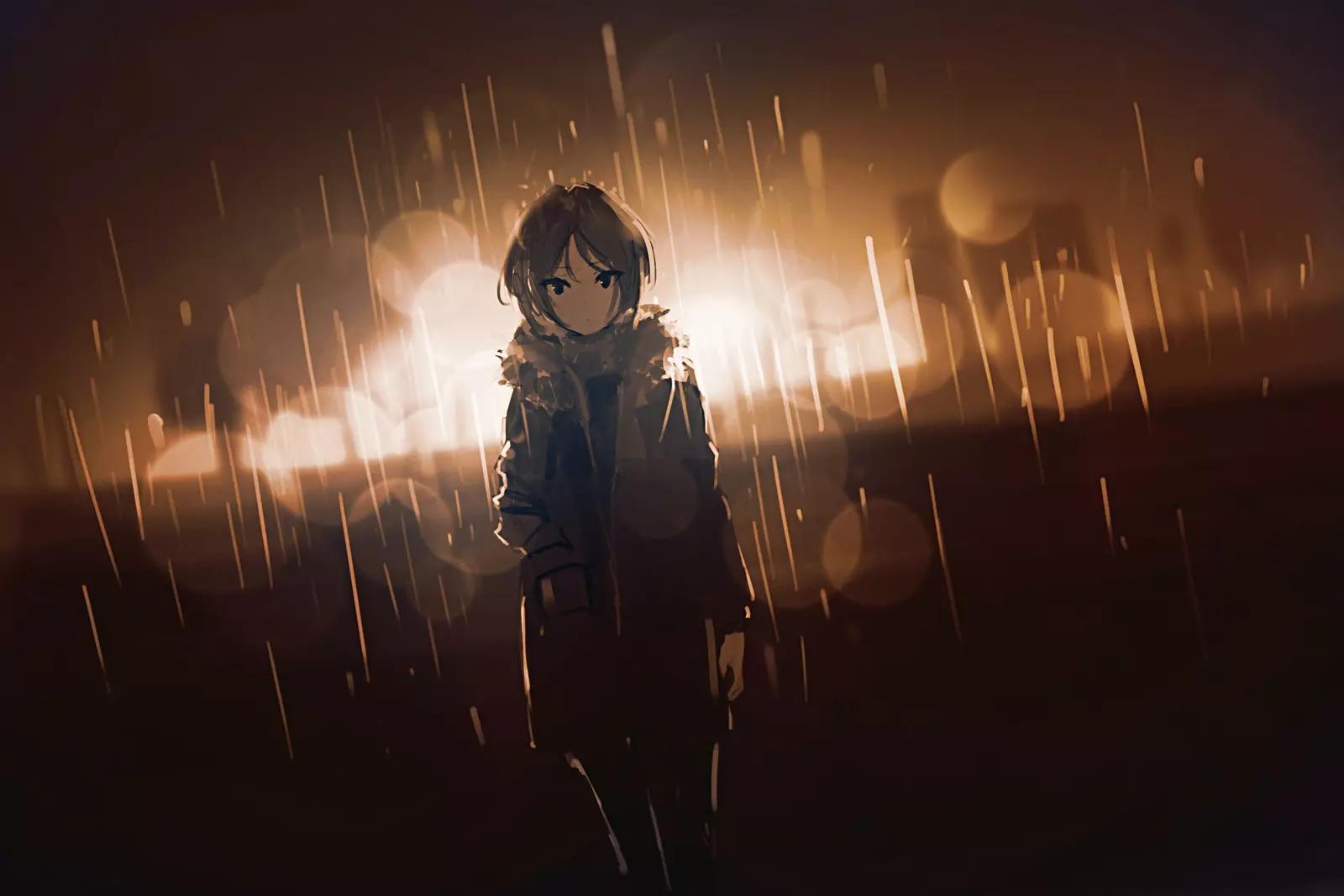 Wallpaper : anime girls, umbrella, rain, city lights, dark hair, short hair, looking at viewer ...