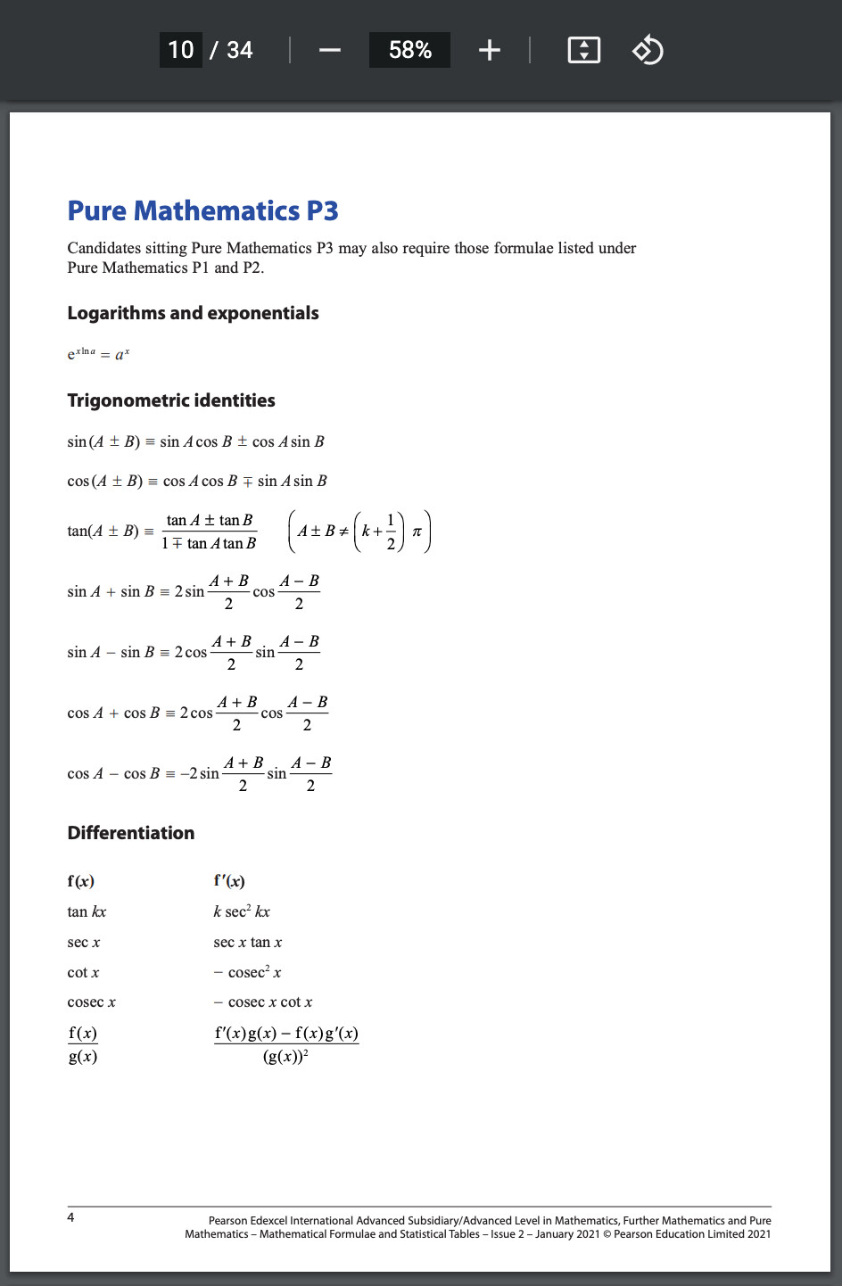 A Level 数学公式手册_Formula Booklet/EdexcelIAL 哔哩哔哩