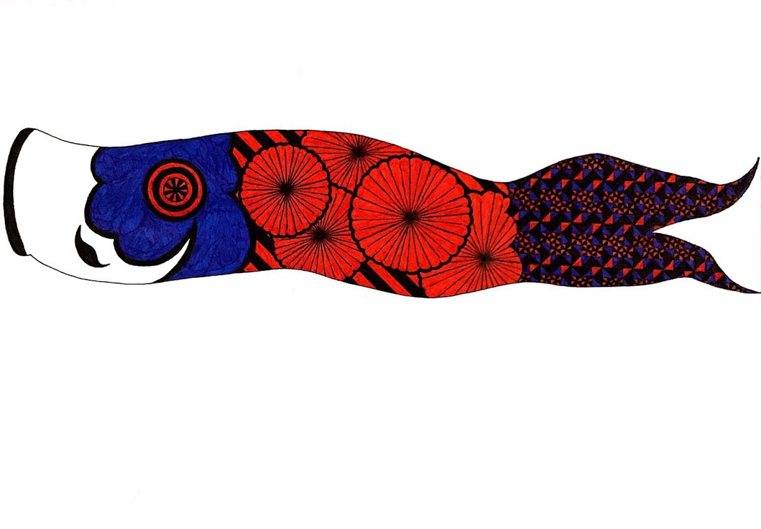 彩色线描画《鲤鱼旗》