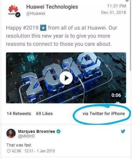 华为用iPhone发新年祝福推特后被删,微博对其