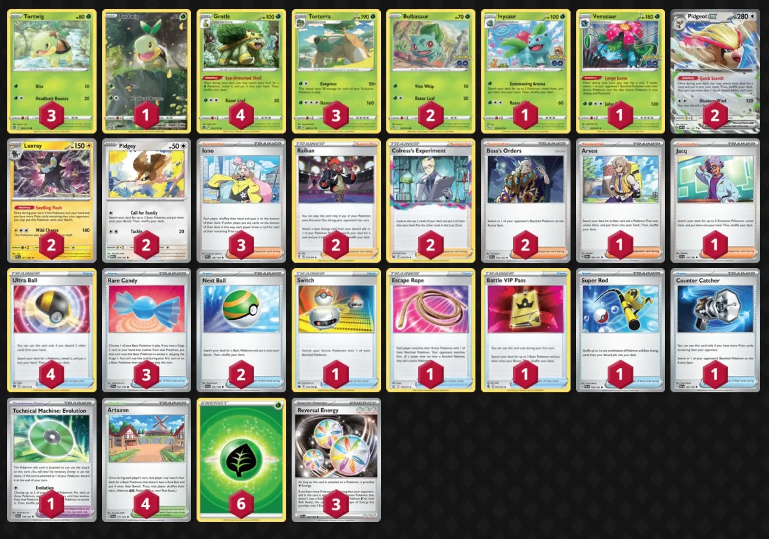 目前还差皮卡丘,烈焰猴,天蝎王,叉尾浮鼬,椋鹰),加入了妙蛙花使卡组