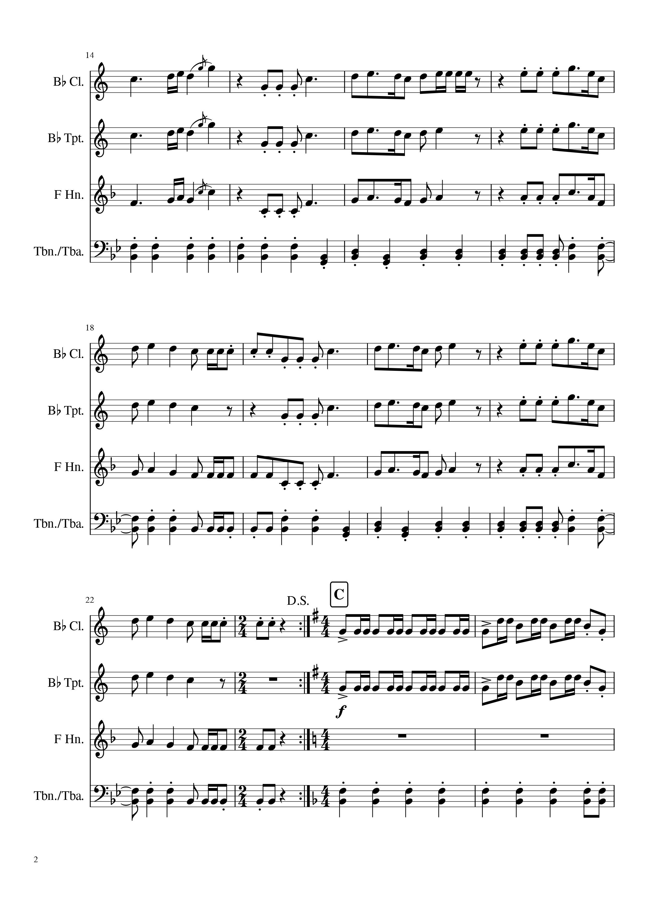 黑管,小号,圆号,大号,……圆号声部有部分旋律和英国的《天佑女王》