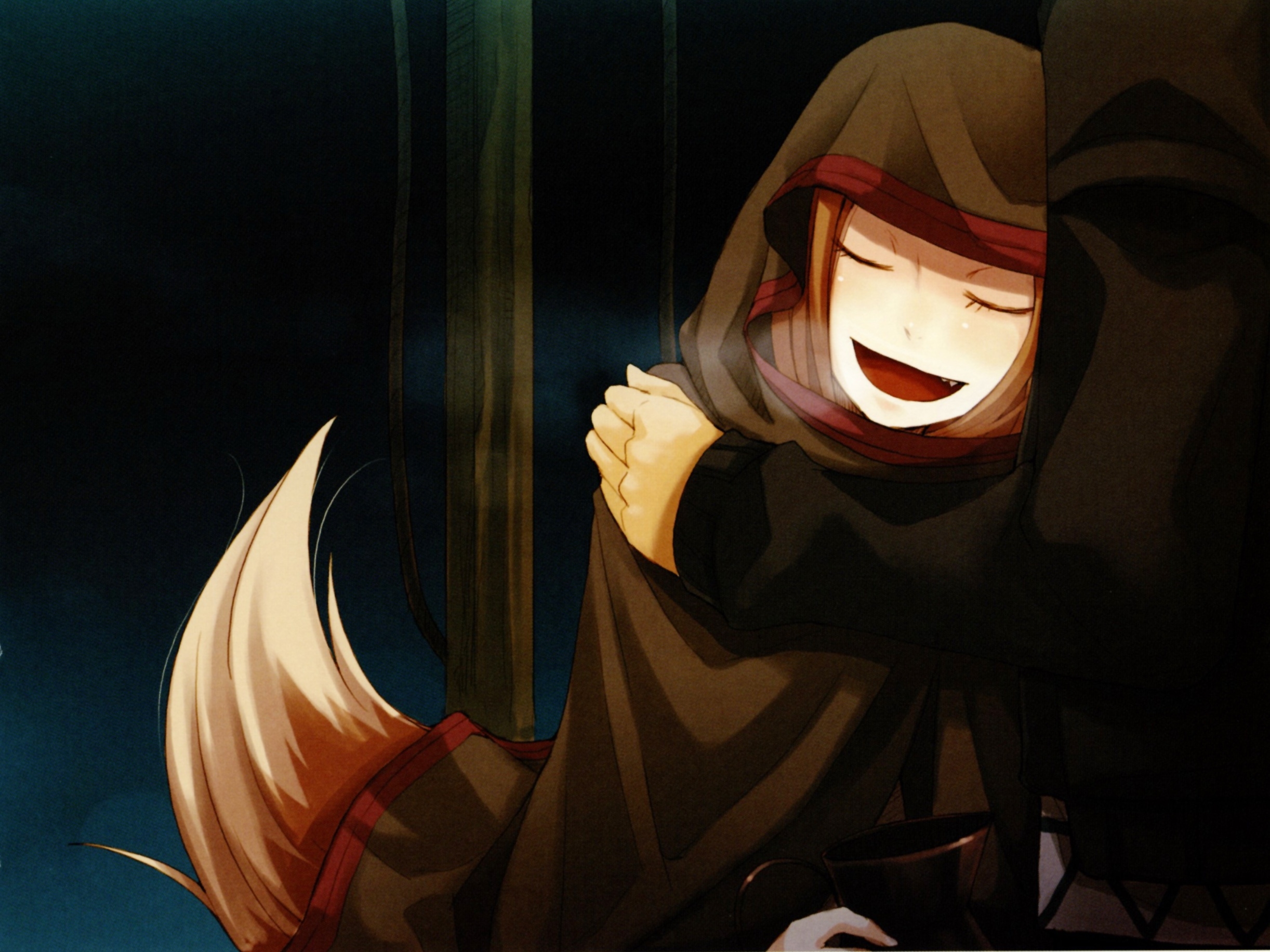 赫萝坐在水井边上,像个小孩子一样晃着双脚.