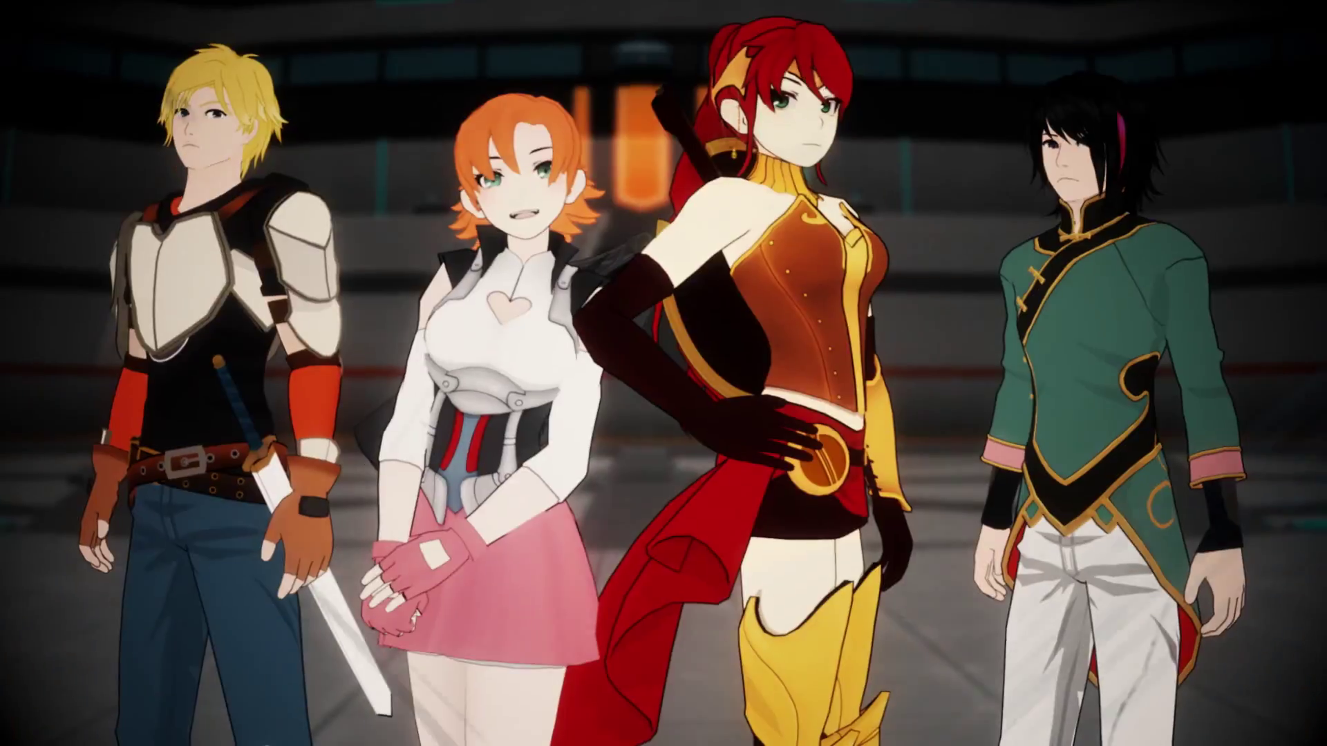 從左到後是jaune,nora,pyrrha,ren,其中ren的聲優是導演蒙提本人