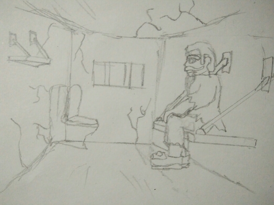 在牢房中,骑士坐在木板上.