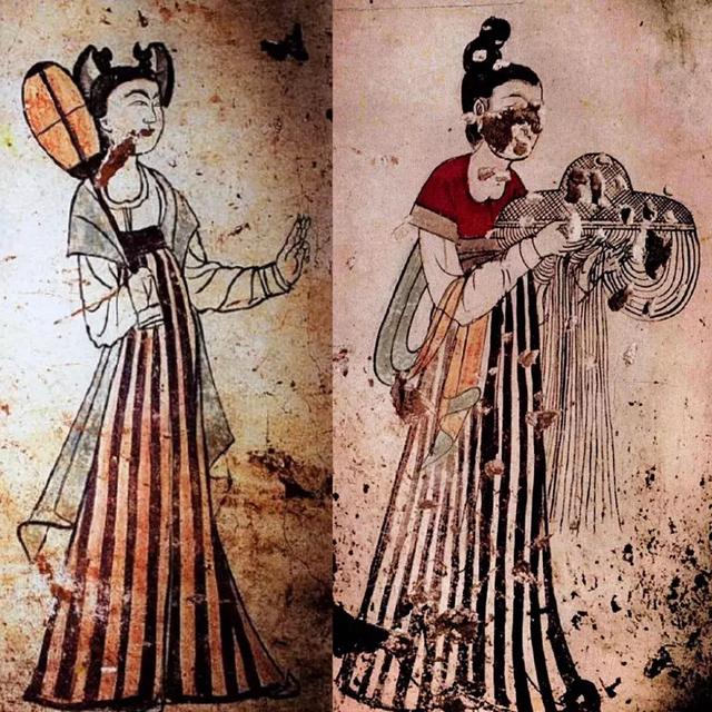 陕西礼泉县昭陵陪葬墓燕妃墓壁画,窄袖,帔帛,时尚的条纹裙