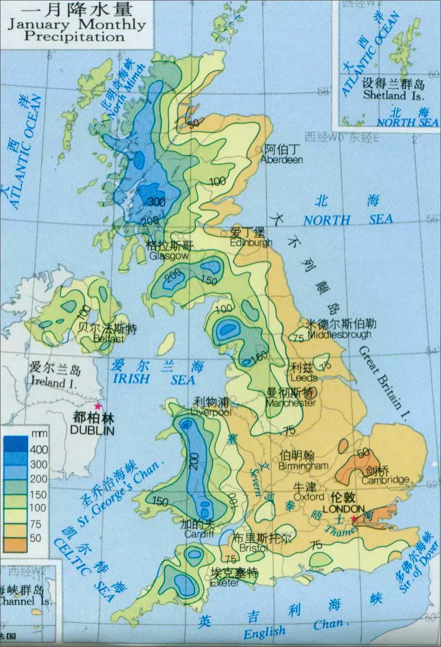 英国一月,七月平均气温及降水量分布图