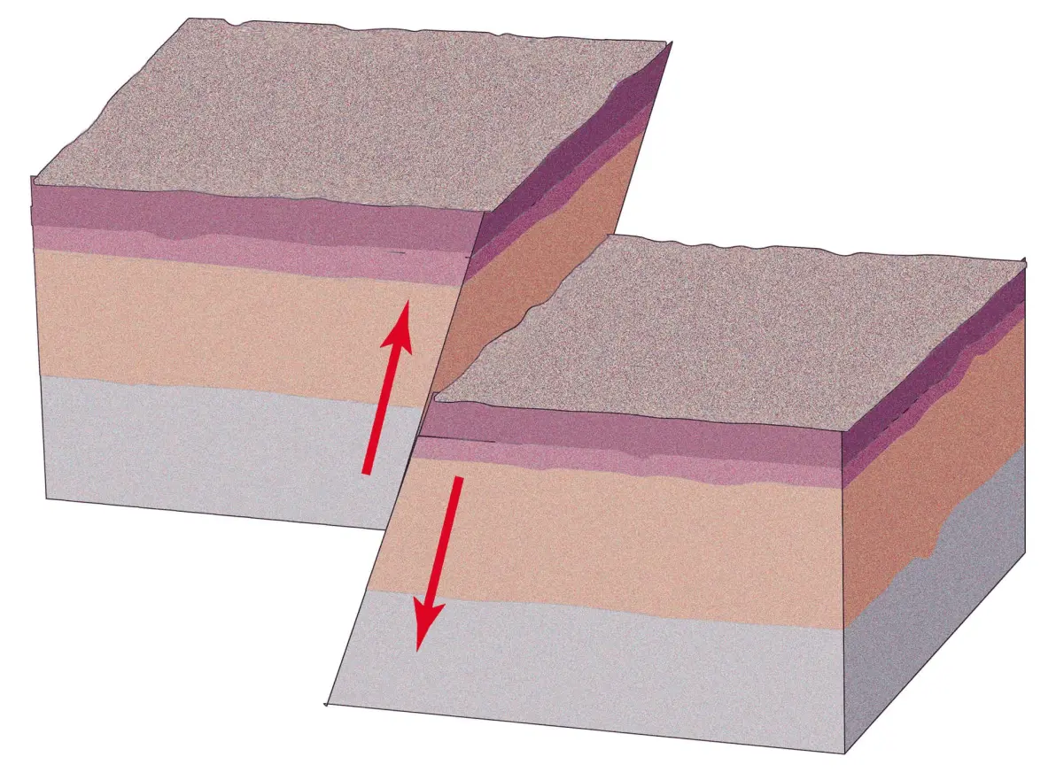 断层之间的岩块相对下降,两边岩块相对上升,相对下降的岩块叫作地堑