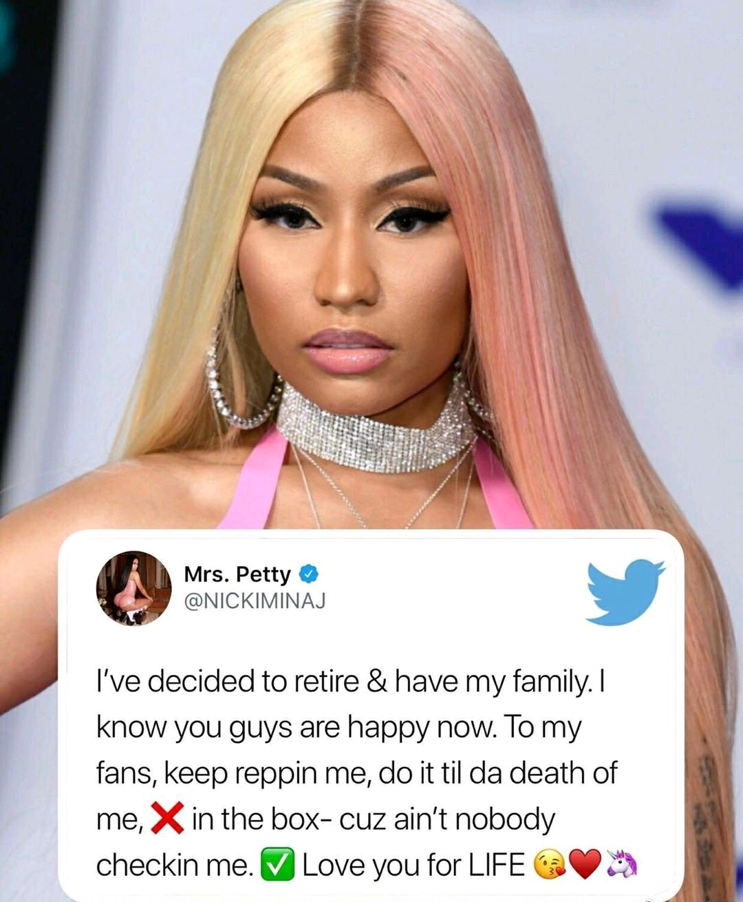 歌手麻辣雞妮琪米娜nickiminaj發文宣佈退出娛樂圈