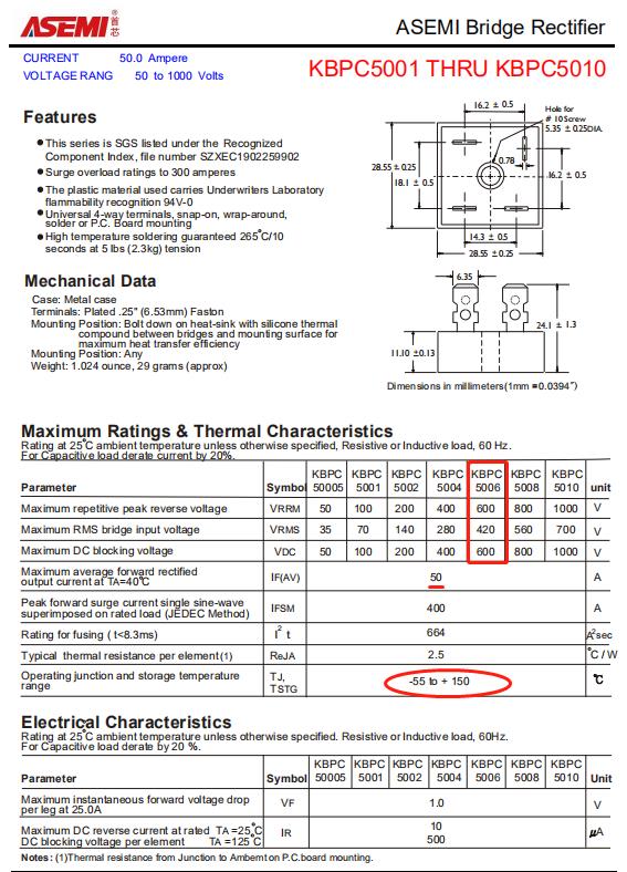 Kbpc5006 asemi 50a 600v 