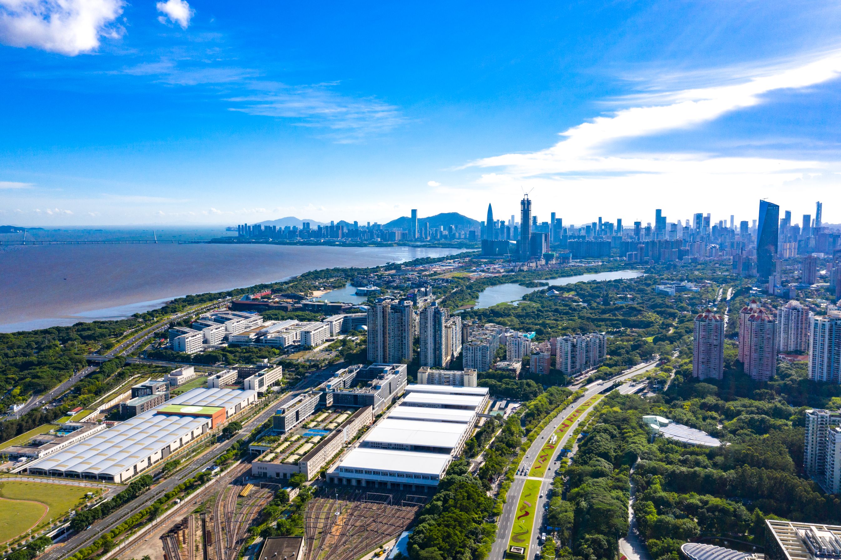 高空航拍深圳湾大桥,平安大厦,深南大道,竹子林等城市风光