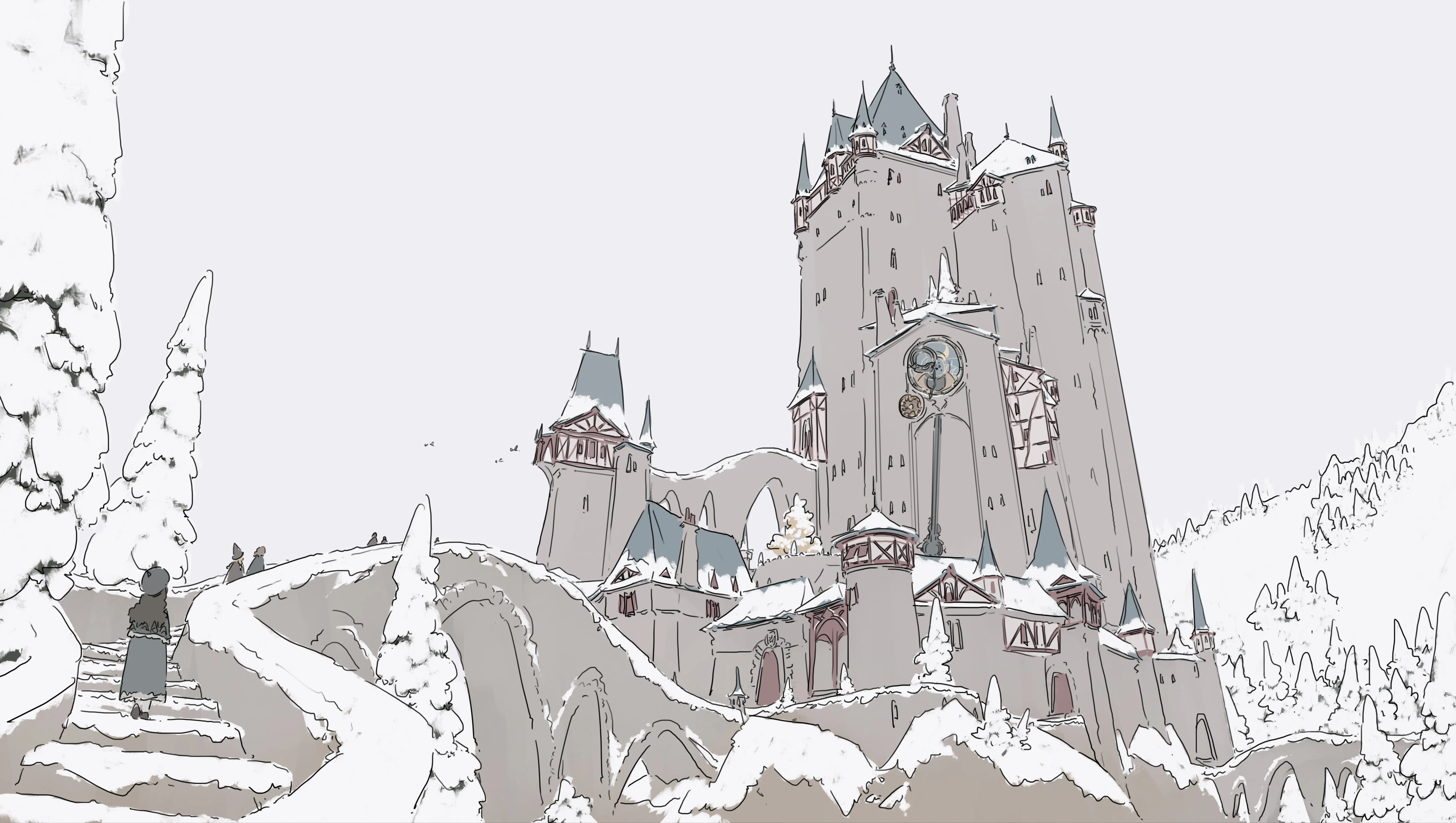 一步一步细化在楼梯间还有准备上学的学生有一点手绘彩铅插画的氛围但