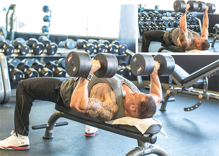 哑铃卧推,4组,6-10次 (注:本动作训练时,逐组增加训练重量)