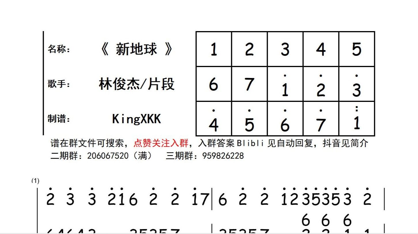光遇乐谱 新地球 林俊杰 片段版 数字简谱 哔哩哔哩