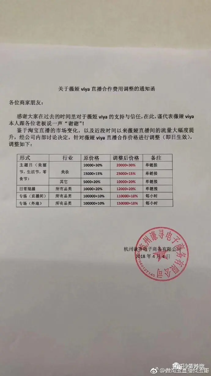 上图薇娅直播合作的报价单，即底价+提成的形式。据说，薇娅一年销售流水大概接近30亿