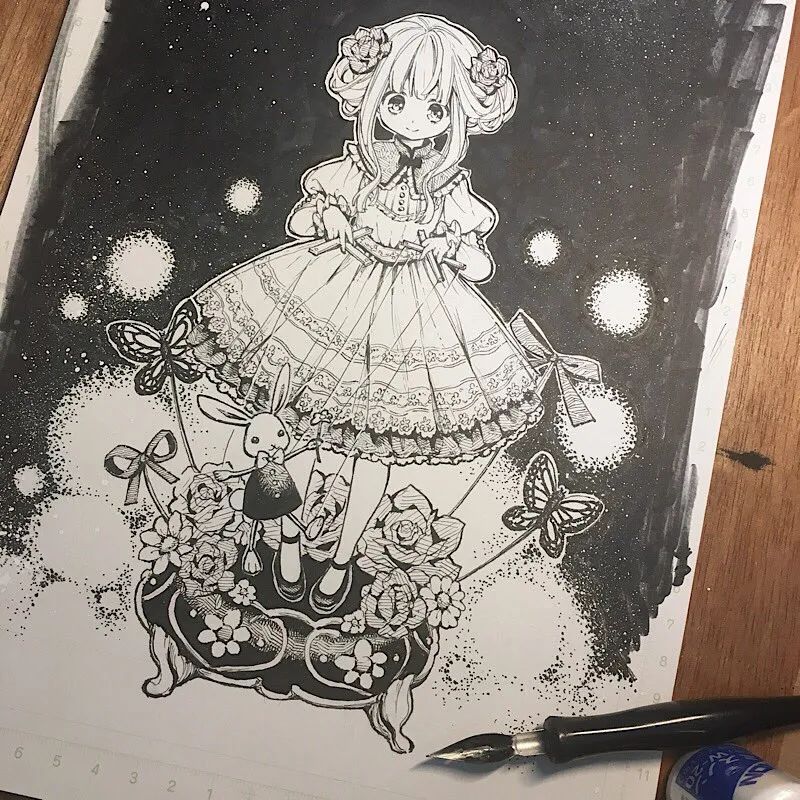 铅笔线稿二次元动漫女生线稿素材初学者收彩铅马克笔上色