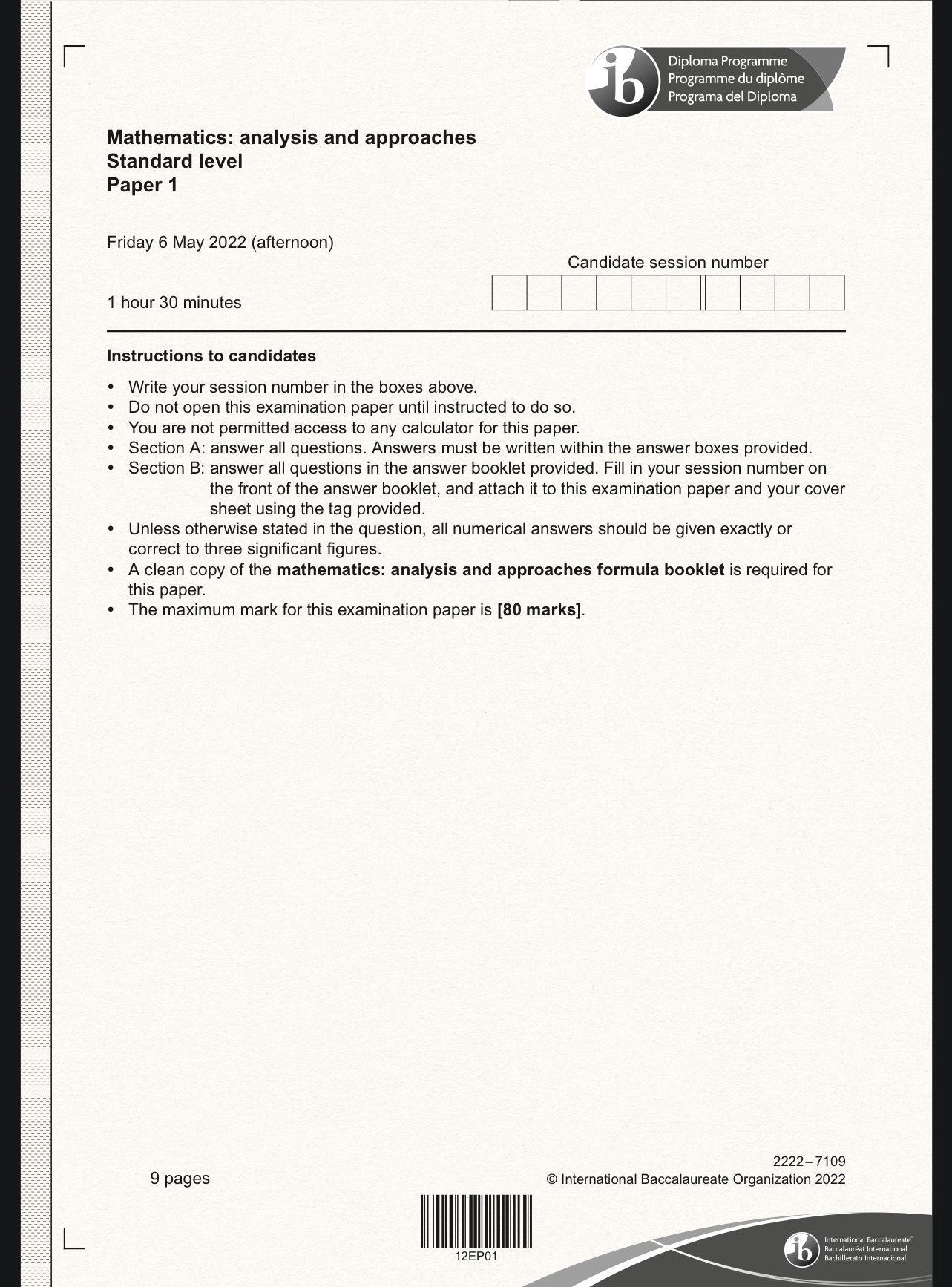  2022 ib dp math aa sl paper tz1 