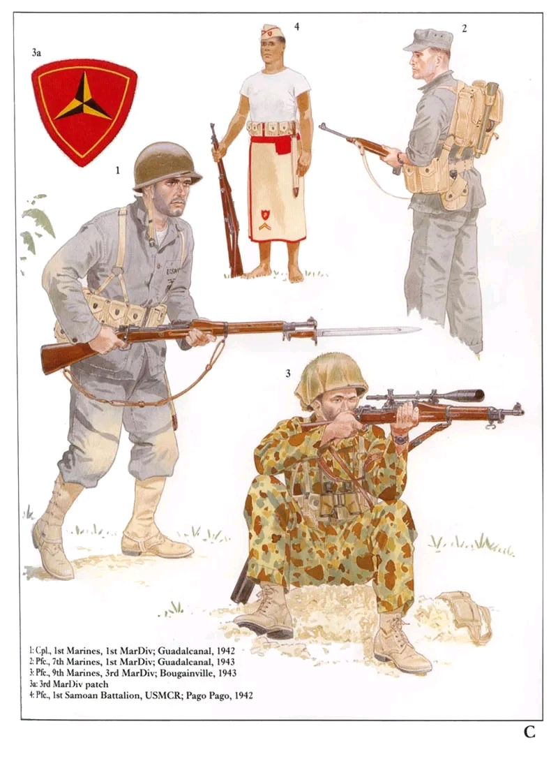 C1:��ʿ����1����½ս��ʦ��1�ţ��ϴ�����ɶ���1942�� Ч�ü��ѵ�����ʽ��װ�ܿ�ͳ�Ϊ��׼��Ұս�Ʒ�����ɫ������USMC�����ӡ�����Ӻ�ê��ͼ��ʵ����װ�������������Ұս�Ʒ��ϡ�M1ʽ���߹ޡ��ֿ�����ȫȡ���ˡ�ϴ���衱�ֿ���Ұս�û��Ⱥ͹��ȴ�������ս���ڼ�һֱ��Ϊ��׼���Ȳ�װ����ʹ�á����ϵġ�03ʽ˹���ַƶ��¡���ǹһֱװ����������M1��ǹ�ܿ�ȡ��������սʱ��ɫ�ĺ�����װ����Ҳ�Ǹոտ�ʼװ���ġ� C2:һ�ȱ�����1����½ս��ʦ��7�ţ��ϴ�����ɶ���1943�� �Զ���ǹ����������װ��M1����ǹ����֮ƥ�������ǹ����������դ�ĵ�ҩ��������װ�ſ���ǹ��15��װ���С���Щ����ԱҲװ��3���ڴ�װ�Ĳ������Զ���ǹ�ĵ�ҩЯ���������������װ6֧20��װ���С�����;ñ���ں󷽱��㷺ʹ�ã�����������������������ԭ����������ʪ�Ļ��������������������ص�M1928ʽ������M1941ʽ����ϵͳ���ο�ͼK��ȡ����ͼ�������о�״̬��ʹ�õı�����������һ֧M1910ʽ����䡣 C3:һ�ȱ�����3����½ս��ʦ��9�ţ�����ά������Bougainville����1943�� ½����һ��ʽ���ַ��Ǻ���½ս��װ���ĵ�һ���Բ��Ʒ������-����-�ѻ���С��ʹ�����������ȱ�׾�ķ�װ����������ͷ���ϼ����˴��鲼���ӣ�ͼ�������ѻ��־���ʹ����Ϳ����ɫ���������ӣ�ͬ��������Ҳ��������װ�����ͻ����ϣ���Ŀ���ǽ���ʹ���ߵĿɼ��ȡ�1943��11�£��ѻ��ֿ�ʼʹ�ô��̶��ض���Unertl���˱���׼���������׿�����Micarta����Ե���������ı�Я����� ���ر��׼��M1903A1ʽ�ѻ���ǹ������ĵ�ҩ������֮�����6���ڴ�װ�ĵ�ҩ�����ÿ���ڴ��ɷ���ֻ5��װ���С����Ĵ��������þѻ��ֱ����ڶ��֣���������Щ���ѻ���Ա��ǹ�¡������Щ����������װ������ɭ���ǹ�Ͳ������Զ���ǹ����Ա���ڻ�֮�¡�����ͼ3a�ǵ�3����½սʦ�Ļ��¡� C4:һ�ȱ�������������ս��Ԥ���ӵ�1��Ħ����Ӫ������Ħ������-������Pago-Pago����1942�� 1900����1951�괦�ں�������֮�µ�������Ħ����1942���Ϊ����Ŭ����ֹ�վ���ˮ�������һ����Ҫ�ĺ��ڻ��ء���1��Ħ����Ӫ��Ϊ������ս��Ԥ���ӵ�һ���ֳ�����1941���������Ϊ��7����Ӫ�ĸ�������ִ�в������ںͺ�̲Ѳ�ߵ����������溣��½ս�Ӿ��ٺ�ʿ�ٵ��쵼�£�����Ϊ��һ֧�뺣����Fita-Fita����Ħ������������˼�����ӵ�ͬ��һ֧������ӡ����Ӫӵ�е��Ʒ������������ɫ�ģ���Ȼû��Fita-Fita���Ӵ�����ôѤ����������װ�����˴�ͳ�Ĵ��ɺ�ɫ�ߵ������˵�lava-lavaʽ����ɫȹ�ӡ�һ�����ɺ�ɫ���ߵĴ���ñ����ɫ�������ɺ�ɫ������������ס���һ���롱���Ʒ���ϥ��λ�ó����˽�ɫ�������ǼӺ�ê������Ϊ�ɺ�ɫ���Ƶ�ͼ�������Ƶİ汾Ҳճ����ñ���ϡ���׼�ĺ�׽�ɫ����V����λ��lava-lavaʽ�Ķ����·�������M1917A1ʽ�ֿ�������װ����