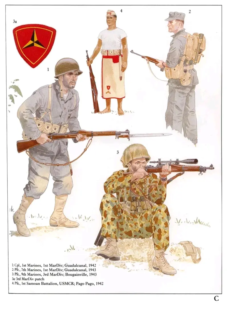 C1:��ʿ����1����½ս��ʦ��1�ţ��ϴ�����ɶ���1942�� Ч�ü��ѵ�����ʽ��װ�ܿ�ͳ�Ϊ��׼��Ұս�Ʒ�����ɫ������USMC�����ӡ�����Ӻ�ê��ͼ��ʵ����װ�������������Ұս�Ʒ��ϡ�M1ʽ���߹ޡ��ֿ�����ȫȡ���ˡ�ϴ���衱�ֿ���Ұս�û��Ⱥ͹��ȴ�������ս���ڼ�һֱ��Ϊ��׼���Ȳ�װ����ʹ�á����ϵġ�03ʽ˹���ַƶ��¡���ǹһֱװ����������M1��ǹ�ܿ�ȡ��������սʱ��ɫ�ĺ�����װ����Ҳ�Ǹոտ�ʼװ���ġ� C2:һ�ȱ�����1����½ս��ʦ��7�ţ��ϴ�����ɶ���1943�� �Զ���ǹ����������װ��M1����ǹ����֮ƥ�������ǹ����������դ�ĵ�ҩ��������װ�ſ���ǹ��15��װ���С���Щ����ԱҲװ��3���ڴ�װ�Ĳ������Զ���ǹ�ĵ�ҩЯ���������������װ6֧20��װ���С�����;ñ���ں󷽱��㷺ʹ�ã�����������������������ԭ����������ʪ�Ļ��������������������ص�M1928ʽ������M1941ʽ����ϵͳ���ο�ͼK��ȡ����ͼ�������о�״̬��ʹ�õı�����������һ֧M1910ʽ����䡣 C3:һ�ȱ�����3����½ս��ʦ��9�ţ�����ά������Bougainville����1943�� ½����һ��ʽ���ַ��Ǻ���½ս��װ���ĵ�һ���Բ��Ʒ������-����-�ѻ���С��ʹ�����������ȱ�׾�ķ�װ����������ͷ���ϼ����˴��鲼���ӣ�ͼ�������ѻ��־���ʹ����Ϳ����ɫ���������ӣ�ͬ��������Ҳ��������װ�����ͻ����ϣ���Ŀ���ǽ���ʹ���ߵĿɼ��ȡ�1943��11�£��ѻ��ֿ�ʼʹ�ô��̶��ض���Unertl���˱���׼���������׿�����Micarta����Ե���������ı�Я����� ���ر��׼��M1903A1ʽ�ѻ���ǹ������ĵ�ҩ������֮�����6���ڴ�װ�ĵ�ҩ�����ÿ���ڴ��ɷ���ֻ5��װ���С����Ĵ��������þѻ��ֱ����ڶ��֣���������Щ���ѻ���Ա��ǹ�¡������Щ����������װ������ɭ���ǹ�Ͳ������Զ���ǹ����Ա���ڻ�֮�¡�����ͼ3a�ǵ�3����½սʦ�Ļ��¡� C4:һ�ȱ�������������ս��Ԥ���ӵ�1��Ħ����Ӫ������Ħ������-������Pago-Pago����1942�� 1900����1951�괦�ں�������֮�µ�������Ħ����1942���Ϊ����Ŭ����ֹ�վ���ˮ�������һ����Ҫ�ĺ��ڻ��ء���1��Ħ����Ӫ��Ϊ������ս��Ԥ���ӵ�һ���ֳ�����1941���������Ϊ��7����Ӫ�ĸ�������ִ�в������ںͺ�̲Ѳ�ߵ����������溣��½ս�Ӿ��ٺ�ʿ�ٵ��쵼�£�����Ϊ��һ֧�뺣����Fita-Fita����Ħ������������˼�����ӵ�ͬ��һ֧������ӡ����Ӫӵ�е��Ʒ������������ɫ�ģ���Ȼû��Fita-Fita���Ӵ�����ôѤ����������װ�����˴�ͳ�Ĵ��ɺ�ɫ�ߵ������˵�lava-lavaʽ����ɫȹ�ӡ�һ�����ɺ�ɫ���ߵĴ���ñ����ɫ�������ɺ�ɫ������������ס���һ���롱���Ʒ���ϥ��λ�ó����˽�ɫ�������ǼӺ�ê������Ϊ�ɺ�ɫ���Ƶ�ͼ�������Ƶİ汾Ҳճ����ñ���ϡ���׼�ĺ�׽�ɫ����V����λ��lava-lavaʽ�Ķ����·�������M1917A1ʽ�ֿ�������װ����