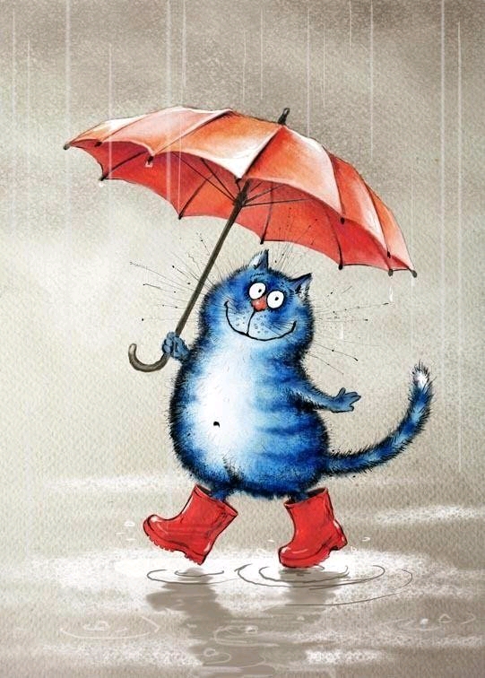 当代国画家徐鹤推荐～超萌猫咪插画:今天有雨,你带伞了吗?