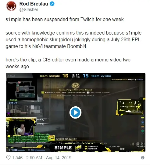 S1mple遭twitch封禁 哔哩哔哩