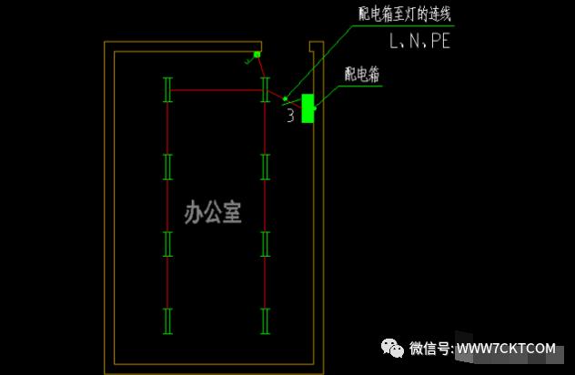 这个图中灯的电源进线为配电箱至灯的连线,为l,n,pe三根导线.