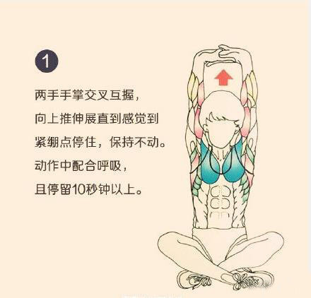 一:两手手掌交叉互握,向上推伸展直感觉到紧绷点停住,尽量停留10秒