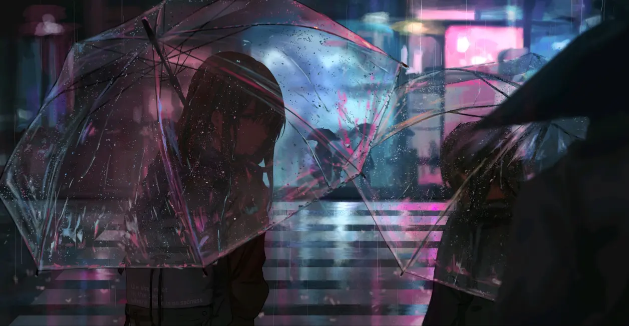 p站画师:catzz的精美作品【雨/城市夜景/透明雨伞/灯光倒影】