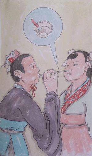 另一种人痘接种法则是将痘痂磨成粉后吹入人的鼻腔中.