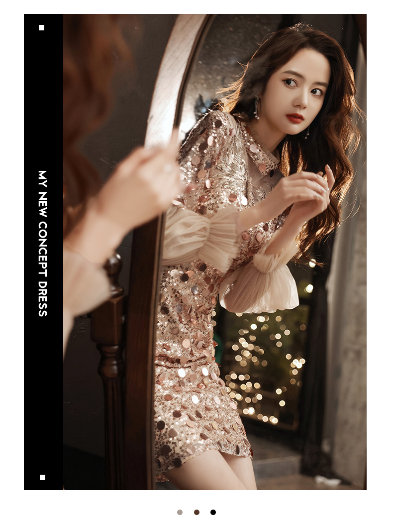 金色亮片晚礼服裙女2022新款气质短款小个子高端主持平时可穿宴会 - 哔哩哔哩