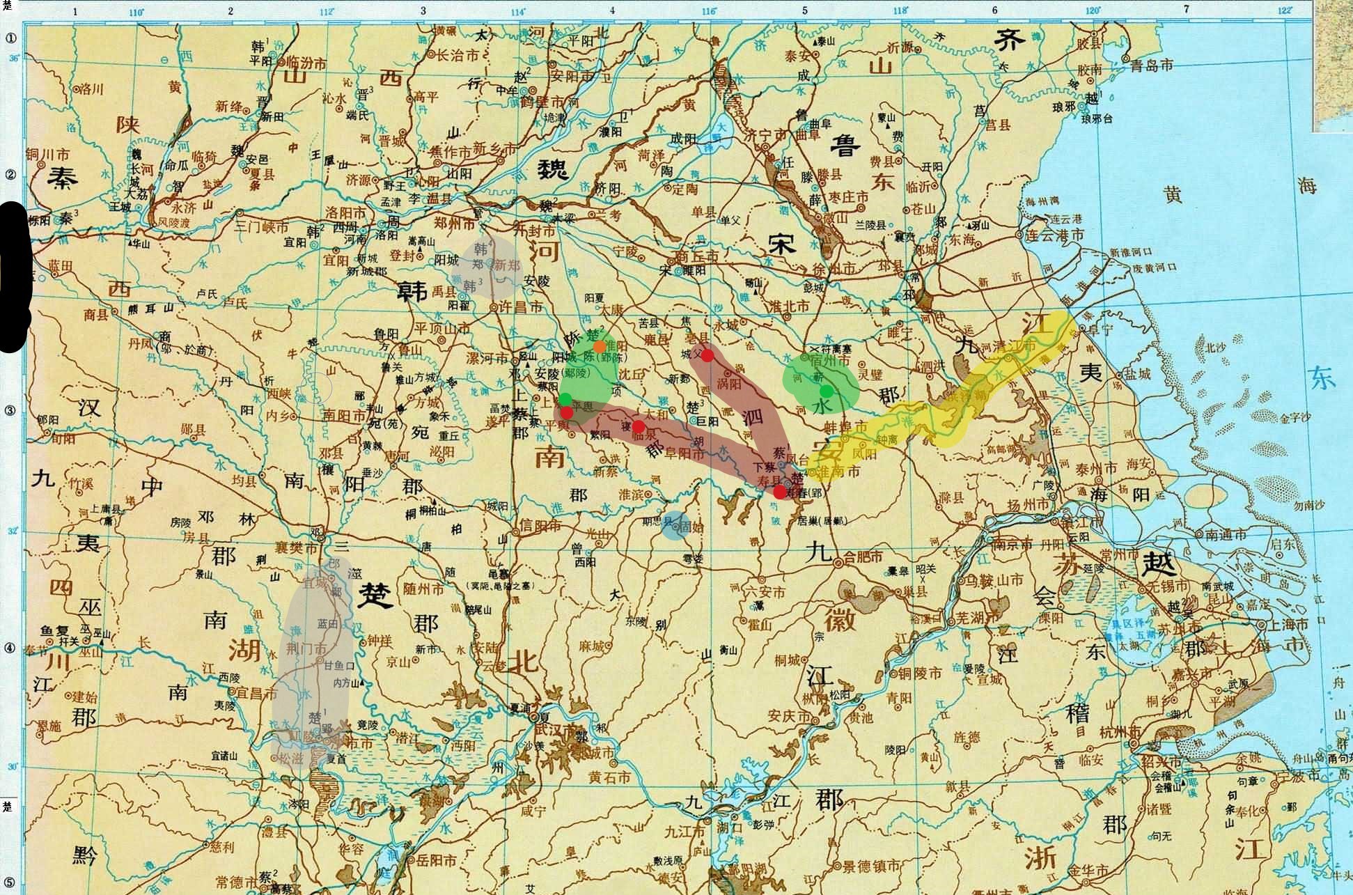 在《中国历史地图集》上观《史记》秦始皇二十一年至二十四年秦对楚