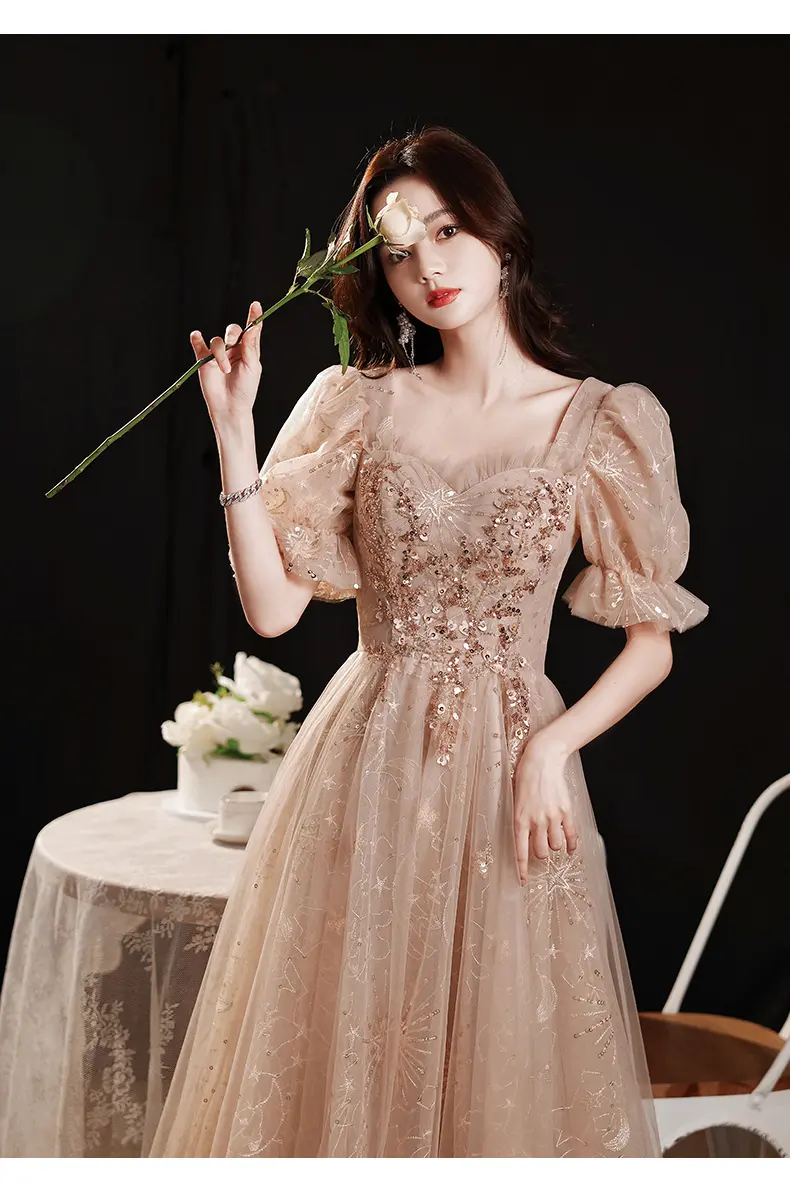 主持人晚礼服裙女香槟色高端轻奢小众艺考宴会高级感年会仙气纱裙