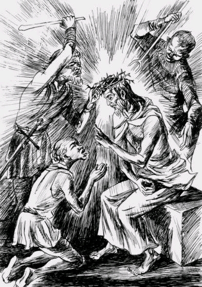 路人都辱骂他,祭司长和文士也戏弄他,和他同钉的两个强盗也讥诮他.