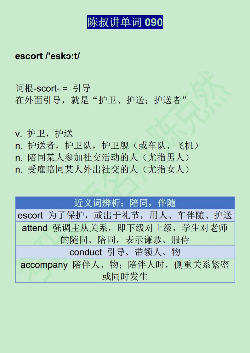 陈叔讲单词90 Escort Attend Conduct Accompany 哔哩哔哩