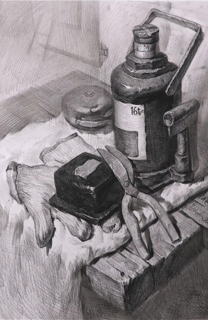 素描静物教学视频--千斤顶组合