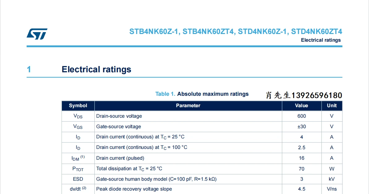 STD4NK60ZT4一款N沟道600 V，1.7 Ω 内阻，4A超级MESH功率MOS管 - 哔哩哔哩