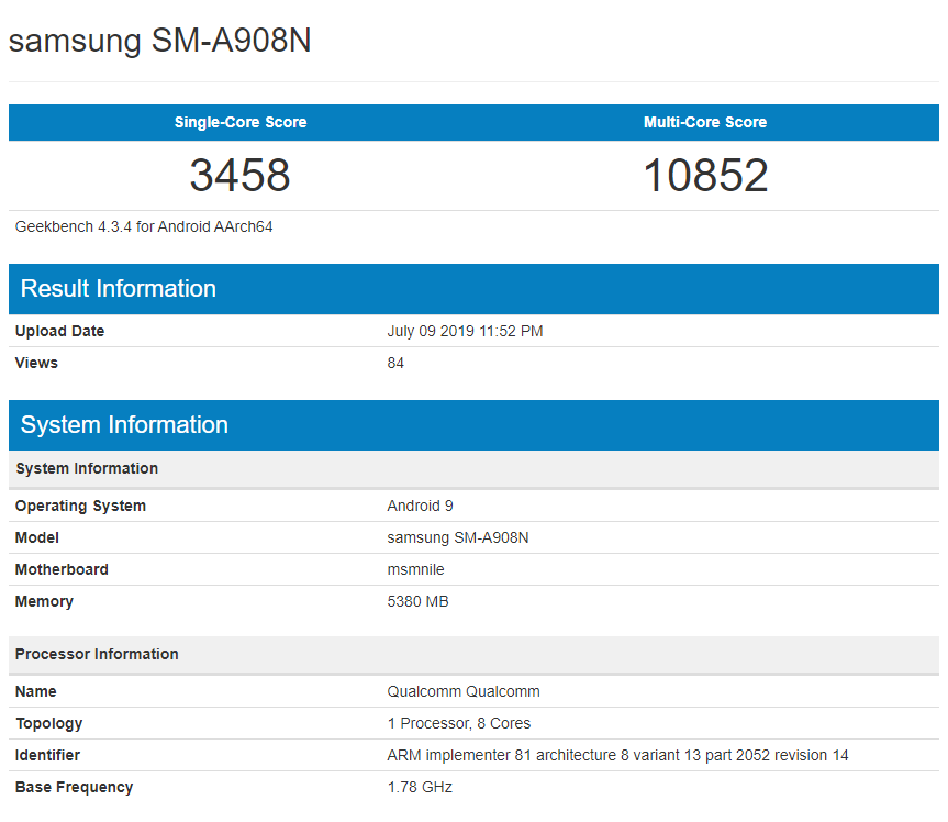 三星a90 5g版现身geekbench:搭载骁龙855处理器