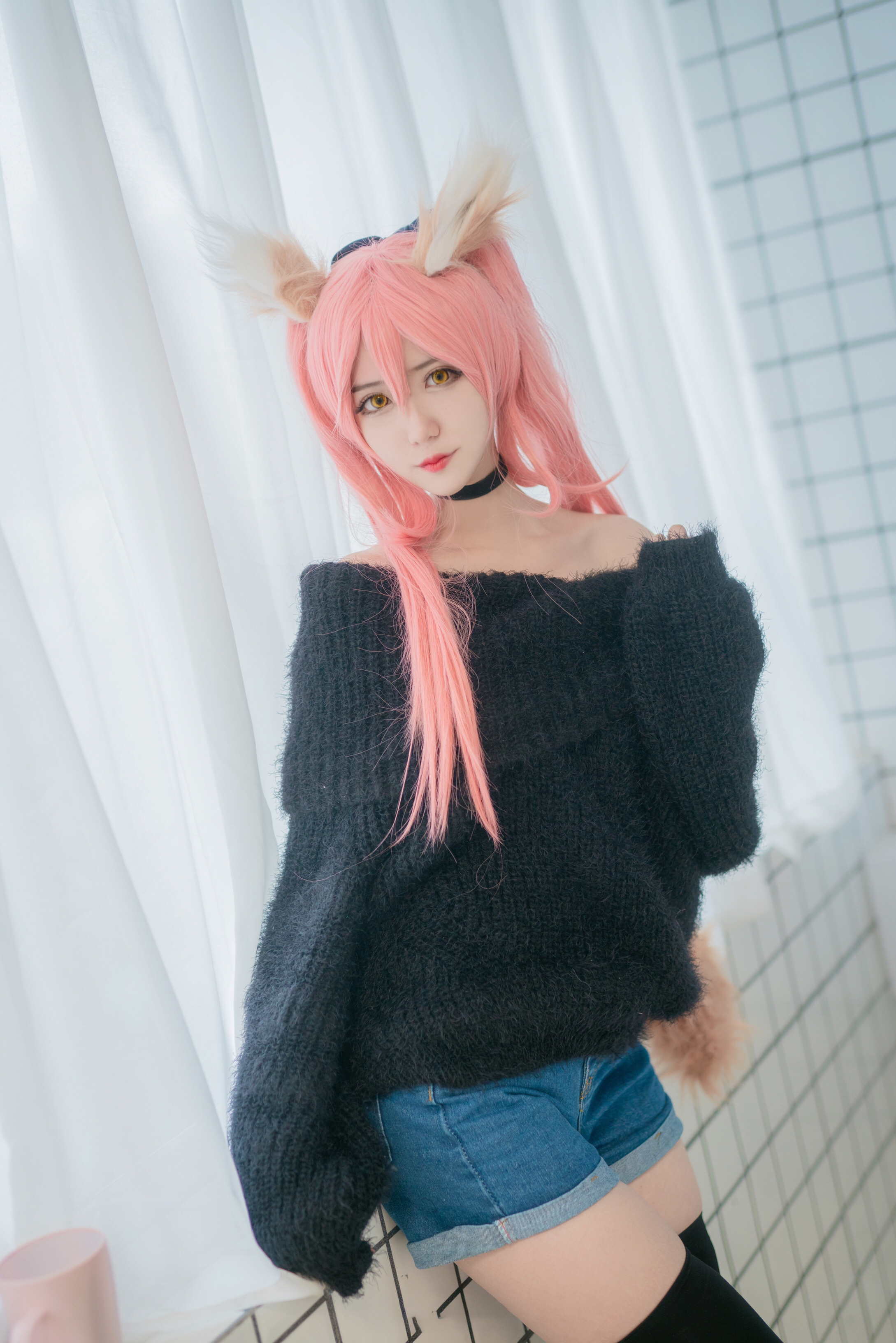 cos:粉色长发搭配一对兽耳,可爱的玉藻前向你招手