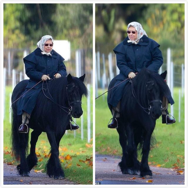93岁英国女王骑马晨练,爱马仕头巾搭墨镜抢眼,首席马夫护驾左右