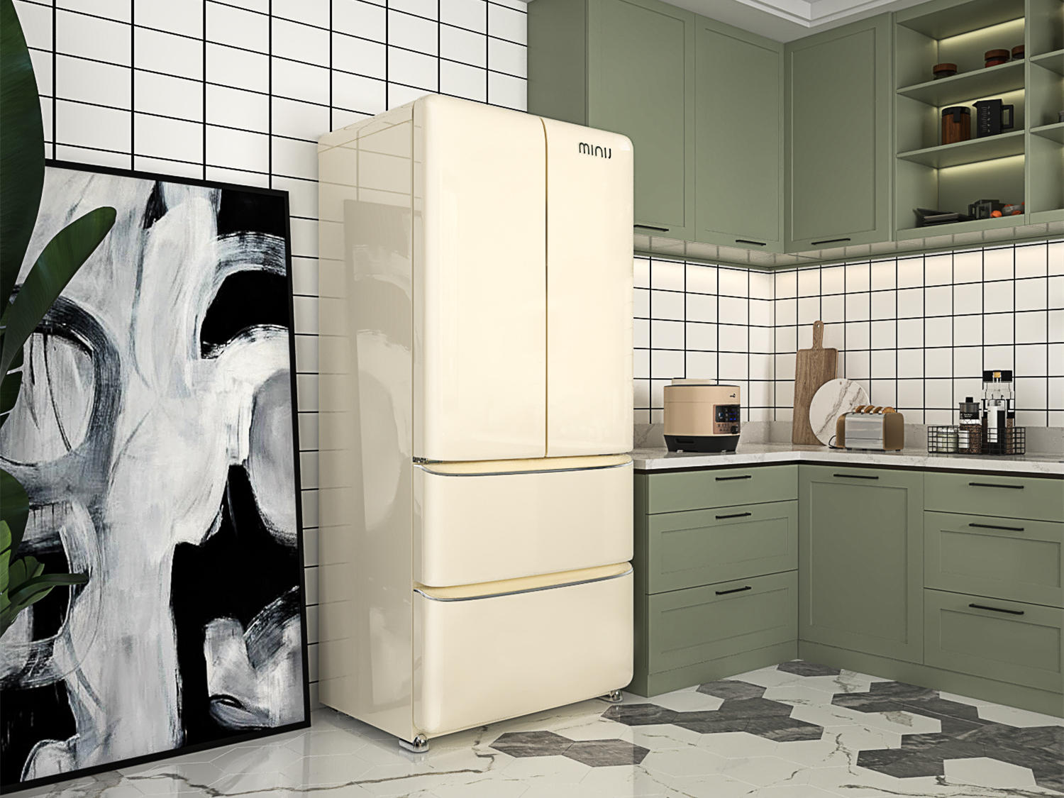采用一字型的橱柜和吊柜，冰箱、微波炉等厨房电器也采用了内嵌式的方法，节省了厨房空间-家居美图_装一网装修效果图